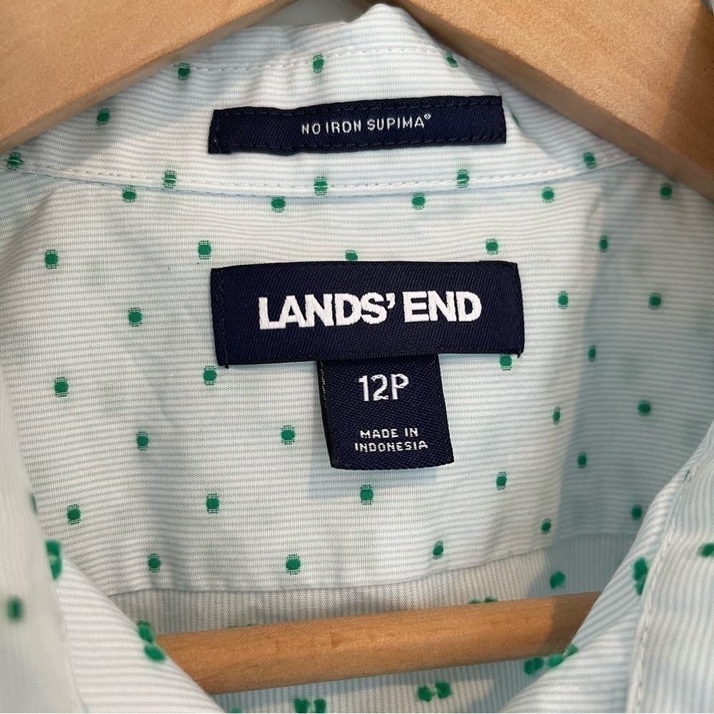 Lands End No Iron Green Embroidered Blue Long Sleeve Button Down Shirt, Size 12P - Picture 9 of 10